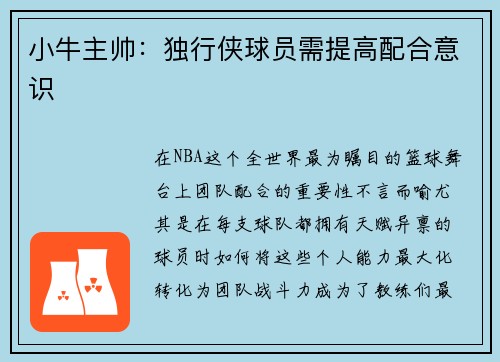 小牛主帅：独行侠球员需提高配合意识